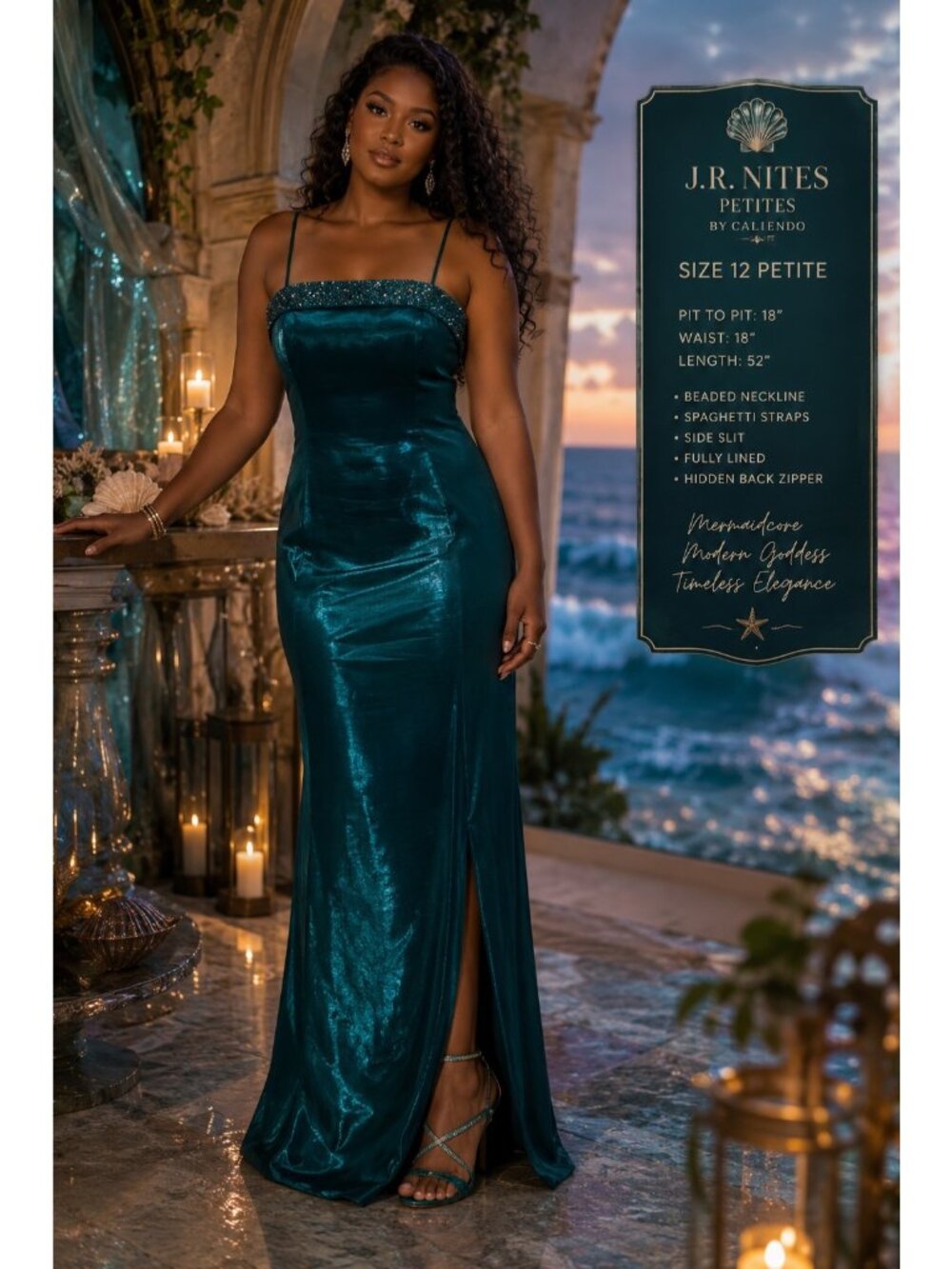 J.R. Nites Petite 12P Teal Shimmer Evening Gown Beaded Formal Mermaidcore Dress